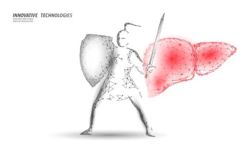 Low poly 3D human liver khight shield protect. Medicine recovery technology drug Stock-Illustration