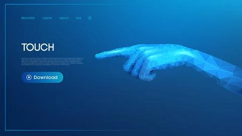 Low poly 3D illustration of a hand pointing with geometric blue shapes on a 스톡 일러스트
