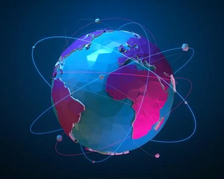 Low poly 3d planet Earth with luminous lines and balls. Stock-Illustration