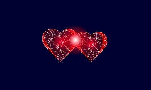 Low poly 3D red hearts. Romantic love date relationship couple silhouette Stock Illustration