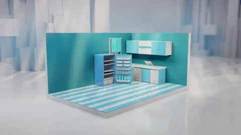Low poly 3d render animation kitchen interior Stock Footage 218403123