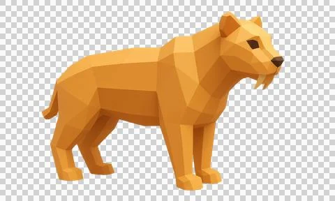 Low poly 3d render of a saber tooth tiger on transparent background facing .. Stock Illustration