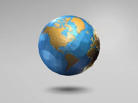 Low poly 3d shiny earth on gray background Illustrazione stock