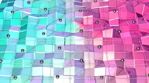 Low poly 3D surface with flying grid or mesh and black spheres as background Stock Footage