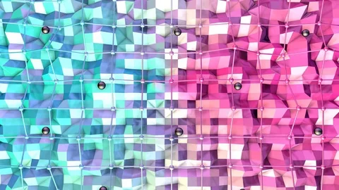 Low poly 3D surface with flying grid or mesh and black spheres as youth Stock Footage