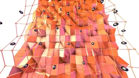 Low poly 3D surface with flying grid or mesh and black spheres as cybernetic Stock Footage