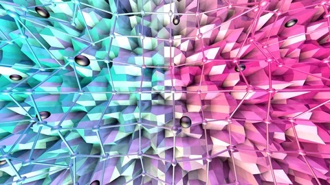 Low poly 3D surface with flying grid or mesh and black spheres as dream Stock Footage