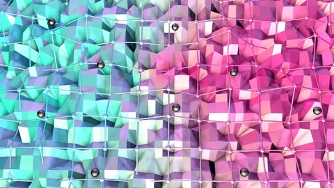 Low poly 3D surface with flying grid or mesh and black spheres as creative Stock Footage