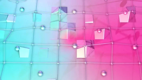 Low poly 3D surface with flying grid or mesh and moving spheres as transforming Stock Footage