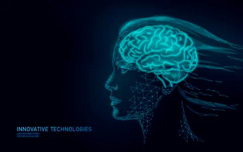Low poly abstract brain virtual reality concept. Female woman profile mind im 스톡 일러스트
