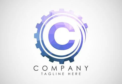 Low poly alphabet C in a gear spiral. Gear engineer logo design. Polygonal .. Stock Illustration