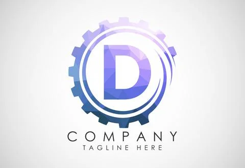 Low poly alphabet D in a gear spiral. Gear engineer logo design. Polygonal .. Stock Illustration