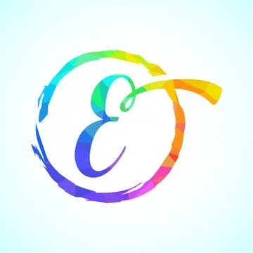 Low poly alphabet E, Hand drawn letter in a brush circle on white background Stock Illustration
