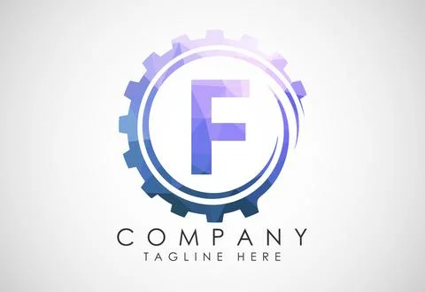 Low poly alphabet F in a gear spiral. Gear engineer logo design. Polygonal .. Stock Illustration
