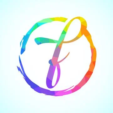 Low poly alphabet F, Hand drawn letter in a brush circle on white background Stock Illustration