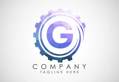 Low poly alphabet G in a gear spiral. Gear engineer logo design. Polygonal .. Illustrazione stock