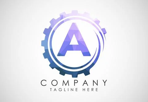 Low poly alphabet A in a gear spiral. Gear engineer logo design. Polygonal .. Stock Illustration