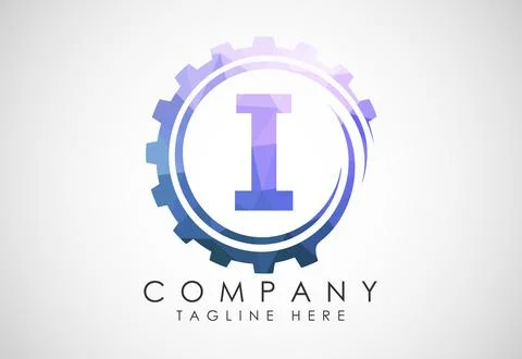 Low poly alphabet I in a gear spiral. Gear engineer logo design. Polygonal .. Stock Illustration