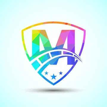 Low poly alphabet M with speedometer and shield sign. The automotive logo d.. 스톡 일러스트