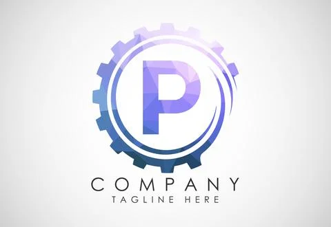 Low poly alphabet P in a gear spiral. Gear engineer logo design. Polygonal .. Stock Illustration
