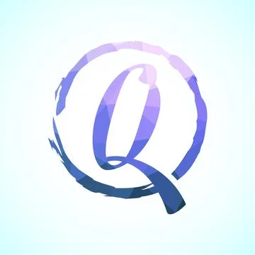 Low poly alphabet Q, Hand drawn letter in a brush circle on white background Stock Illustration