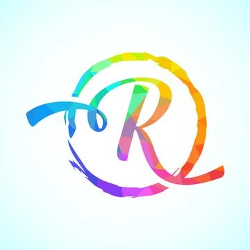Low poly alphabet R, Hand drawn letter in a brush circle on white background Stock Illustration
