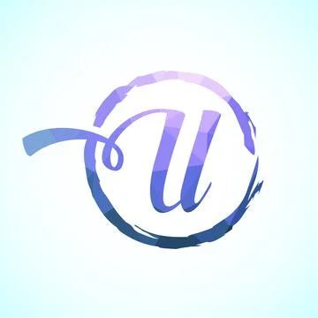Low poly alphabet U, Hand drawn letter in a brush circle on white background Stock Illustration