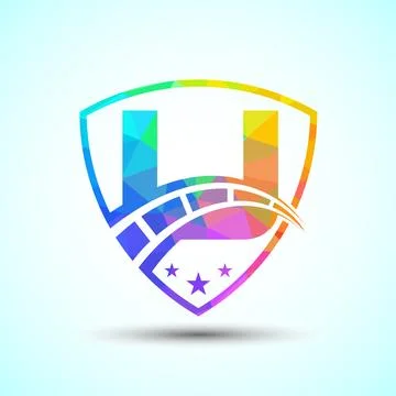 Low poly alphabet U with speedometer and shield sign. The automotive logo d.. 스톡 일러스트