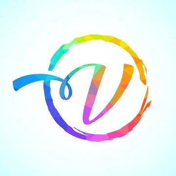 Low poly alphabet V, Hand drawn letter in a brush circle on white background Stock Illustration