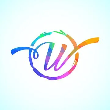 Low poly alphabet W, Hand drawn letter in a brush circle on white background Stock Illustration