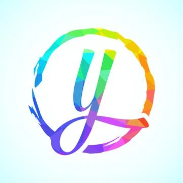 Low poly alphabet Y, Hand drawn letter in a brush circle on white background Stock Illustration