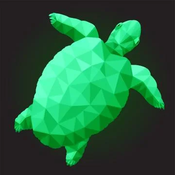 Low poly art with green turtle on black background Stock Illustration