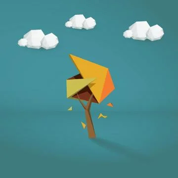 Low poly autumn tree. Abstract polygonal illustration with foliage. Orange Stock Illustration