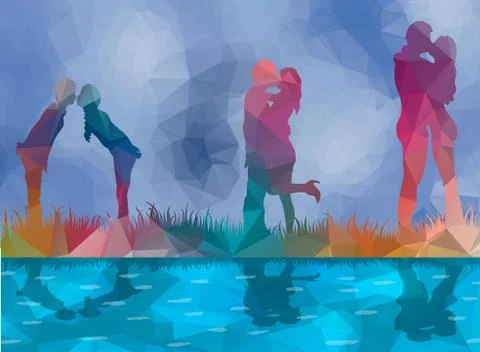 Low poly background couples kissing 스톡 일러스트