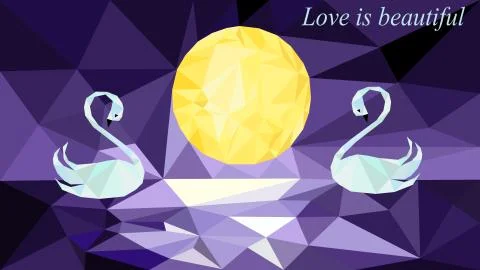 Low poly blue background, moon, sea and two swans Stock Illustration