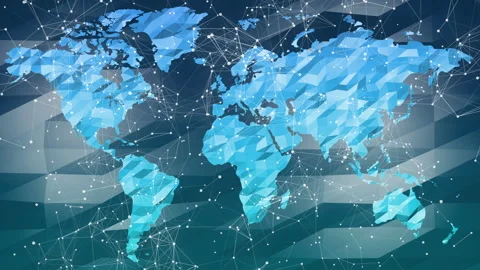Low poly blue world map. Connected dots. Digital age. Видео 95176411