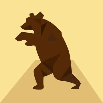 Low-poly brown bear is standing upright, raising forelegs on beige base with Stock Illustration