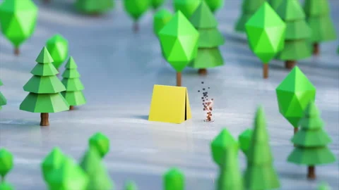 Low poly camping, yellow tent, frozen forest with evergreen trees, campfire Stock Footage 318990224