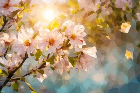 Low poly cartoon flowers of cherry blooms tree Stock Illustration