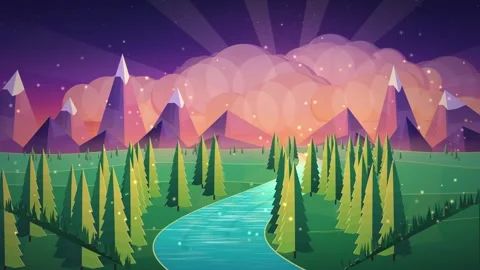 Low Poly Cartoon Landscape with River and Sunset Mountains Видео 347873218