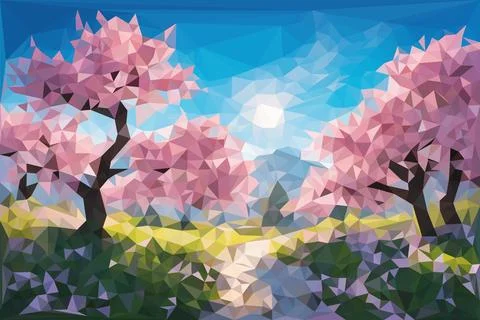 Low poly cartoon landscape with Sakura Japanese tree Stock Illustration