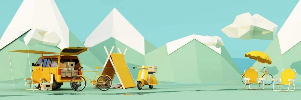 Low poly cartoon style. Mobile homes van and tents camping in the national pa Stock Illustration