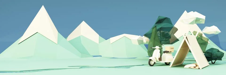 Low poly cartoon style. Mobile homes van and tents camping in the national pa Stock Illustration
