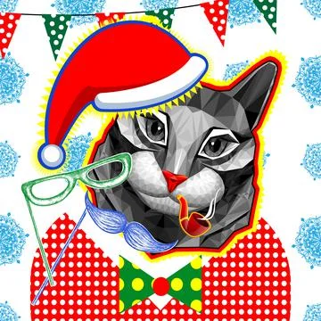A low-poly cat in a Santa hat. New year, bright Christmas design. Pop art Illustrazione stock
