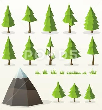 Low poly conifer trees set Stock Illustration