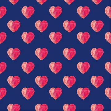 Low poly crystal bright pink hearts seamless pattern. Stock Illustration