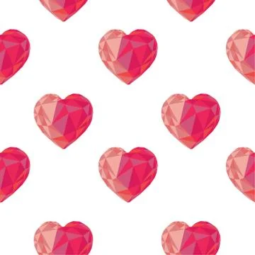Low poly crystal bright pink hearts seamless pattern. Illustrazione stock