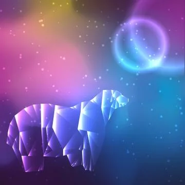 Low poly crystal polar bear. Space background with stars and planets. Stock Illustration