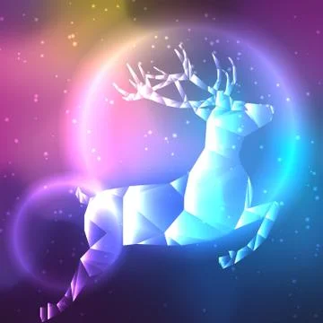 Low poly crystal polar deer. Space background with stars and planets. Stock Illustration