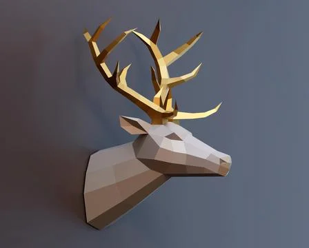 Low poly deer trophy golden horns in profile, gray background, 3d render Stock Illustration
